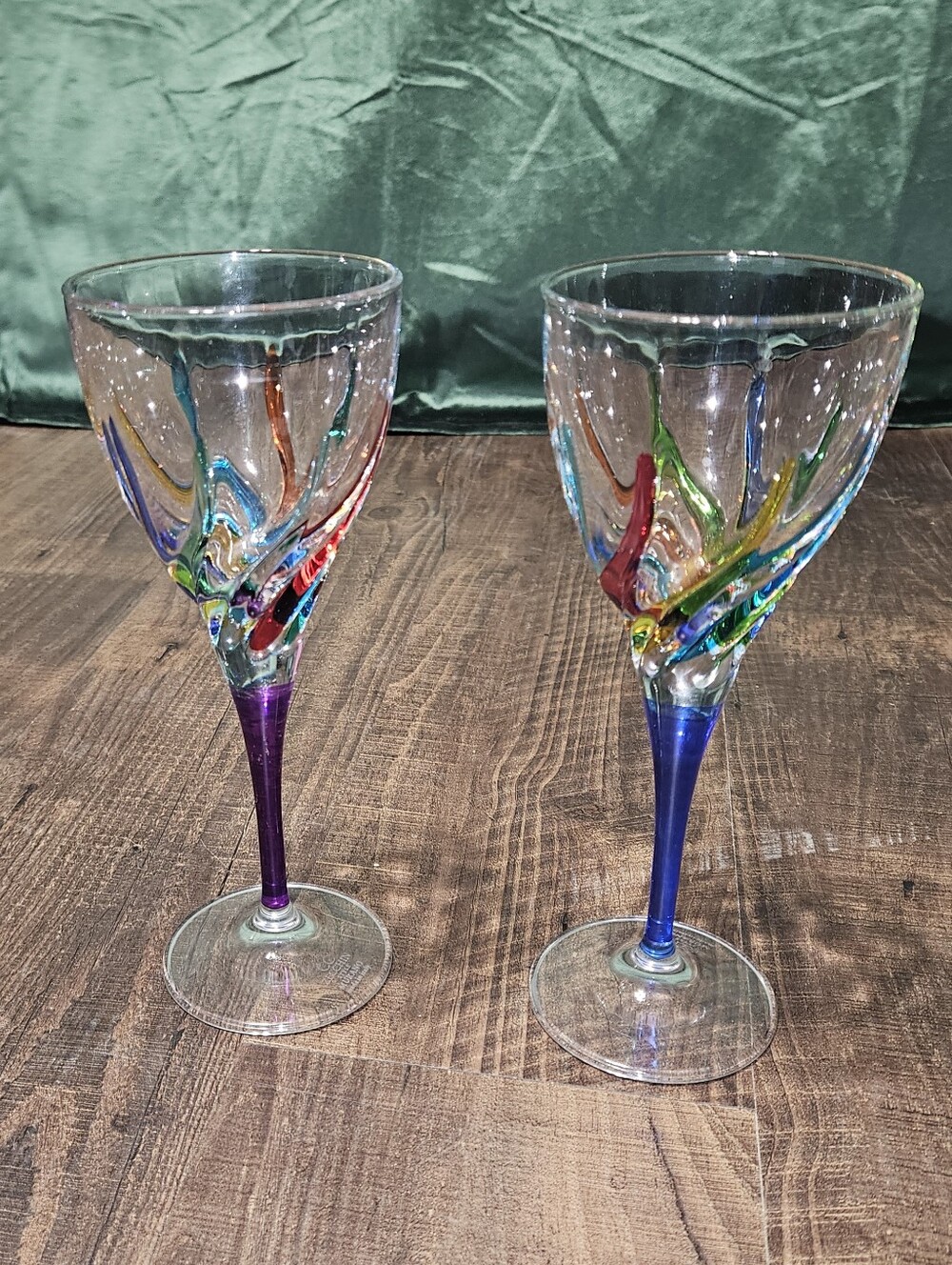 Zecchin Murano Multicolor Handblown Wine Glasses with Purple and Blue Stems